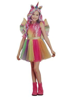 Girls M (7/8) Rainbow Unicorn Dress With Wings Halloween Costume